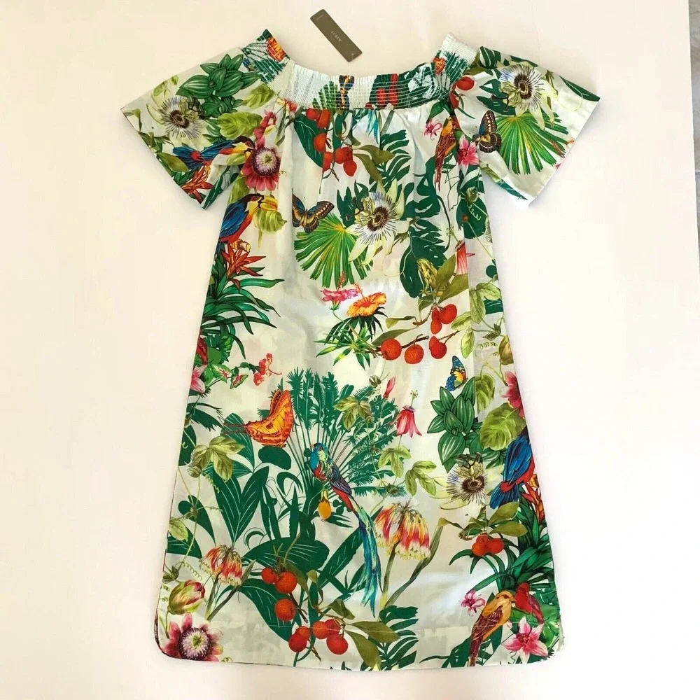 NWT J. Crew Ratti Into the Wild Jungle Off Shoulder Dress‎ 000 XXS Bird Tropical